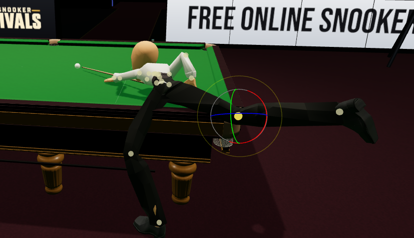 An animation development view showing a player reaching across the snooker table, with the character rig and rotation controls visible.