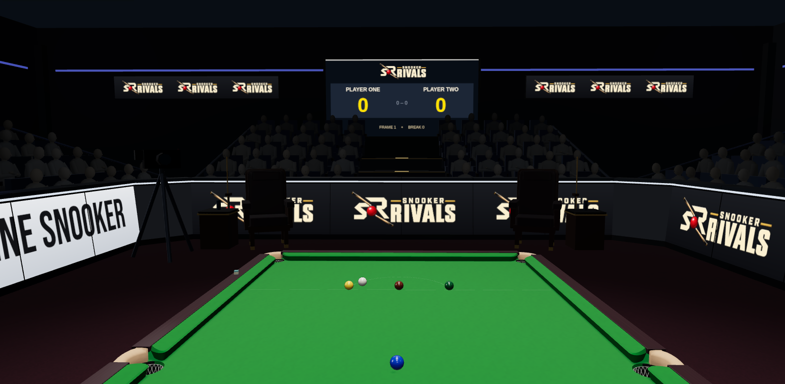 The new Snooker Rivals competition stadium, with a crowd around the table and a scoreboard above the player chairs.