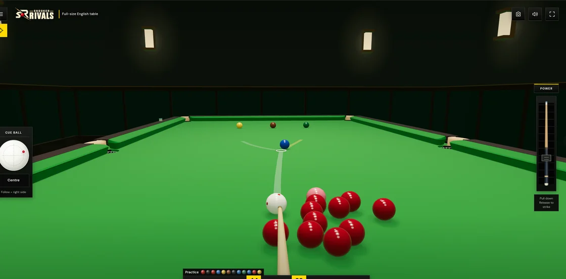 Aiming at the blue in Snooker Rivals, with the cue ball and reds in the foreground.