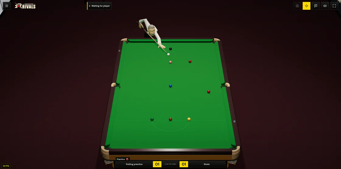 A raised full-table view of a player preparing a snooker shot, with the practice scoreboard visible
