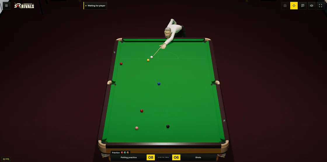 A raised view from the opposite end of the snooker table as a player prepares a shot near the baulk line