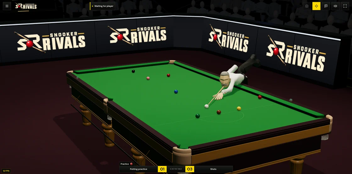 A player stretching across the snooker table for a shot in the stadium, surrounded by spectators and Snooker Rivals signs